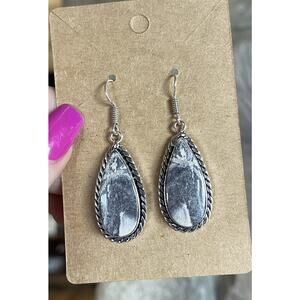 Zebra Jasper Teardrop Dangle Earrings Silver Plated Gray White Stone BIG